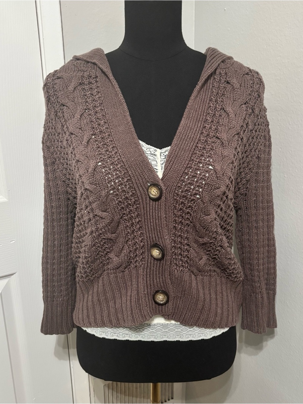 Y2K Fall Bella Swan Aeropostale Brown Knit Chunky Cardigan Sweater Boho Size XL